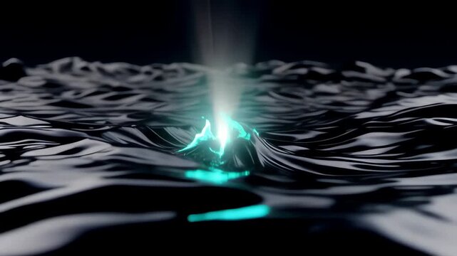 Abstract Dark Water Surface with Glowing Light Erupting and Rippling.