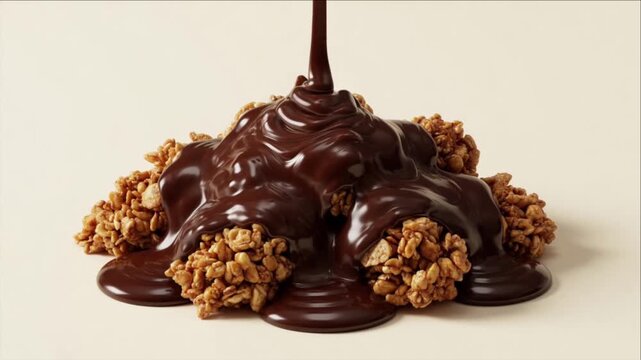 Cinematic macro liquid chocolate texture background dessert with rich sweet indulgent drips flowing over crunchy granola cluster snack creating glossy wave effect and artistic swirl pattern
