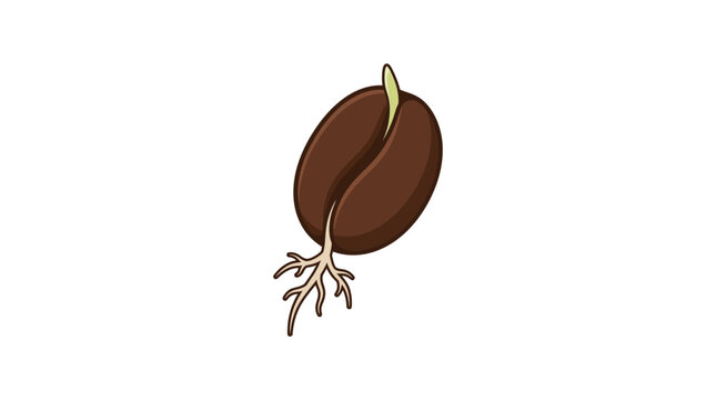 A single coffee bean sprouts with a root and a green shoot emerging, symbolizing growth and new beginnings in agriculture