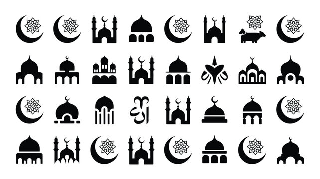Modern minimalist icons set with high contrast style perfect cultural religious projects monochromatic icons with showcases collection thirty sleek