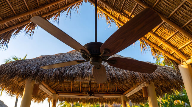 Ceiling fan under thatched roof captured from low angle with sunlight and palm fronds