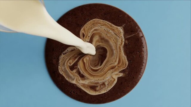 Cinematic macro coffee liquid texture background swirl creamy milk pour on blue surface creating abstract vortex pattern and rich foam detail modern food art motion splash closeup