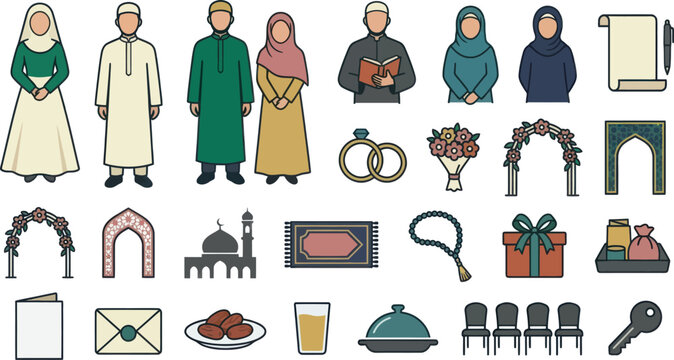 Traditional islamic wedding and nikah ceremony elements with religious icons