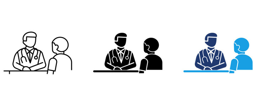 Doctor consultation icon with male physician and patient sitting at desk. Symbol of medical appointment, healthcare advice, clinical checkup, doctor visit, therapy, and patient care.