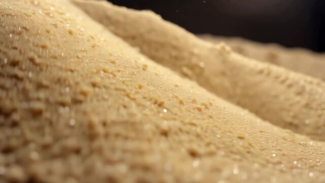 Close-up of golden sand-like particles flowing and settling, creating dynamic textures and patterns.