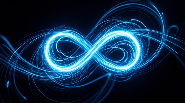 Glowing blue infinity symbol of swirling light trails on dark background, symbolizing endlessness, boundlessness, and futuristic energy.