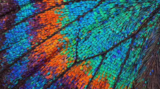 Macro closeup of colorful iridescent scales on a butterfly wing showing intricate patterns and structural coloration