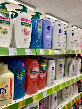 01.08.2026 Ukraine, Kharkov Shower Gel and Body Wash Bottles on Supermarket Shelves