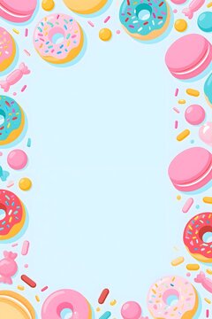 Cute Donut and Macaron Dessert Border Frame Background with Copy Space, Pastel Flat Vector Illustration