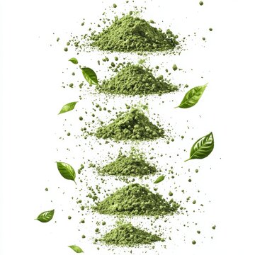 Matcha powder air isolated on white background,superfood powder,diet and healthy life,green tea powder,Japanese tea leaves,popular menu trendy, wellness concept.