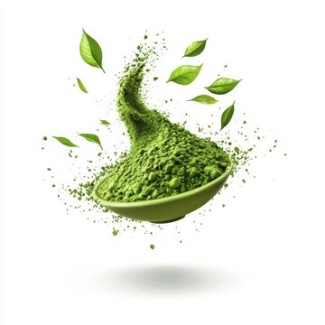 Matcha powder air isolated on white background,superfood powder,diet and healthy life,green tea powder,Japanese tea leaves,popular menu trendy, wellness concept.