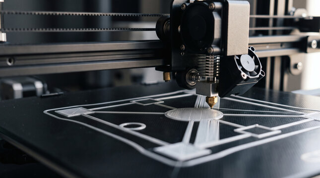 Close up of a 3d printer nozzle creating a plastic part
