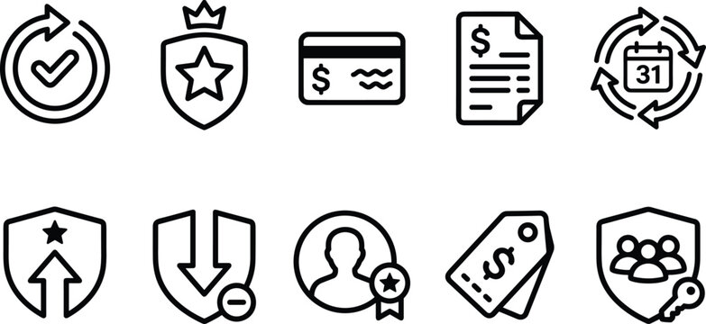 Subscription user interface icon set with payment, membership, service plan and digital app symbols vector illustration