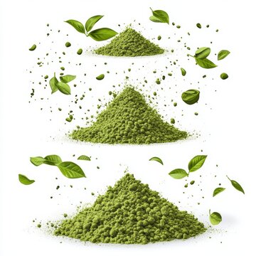 Matcha powder air isolated on white background,superfood powder,diet and healthy life,green tea powder,Japanese tea leaves,popular menu trendy, wellness concept.