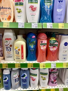 01.08.2026 Ukraine, Kharkov Shower Gel and Body Wash Bottles on Supermarket Shelves
