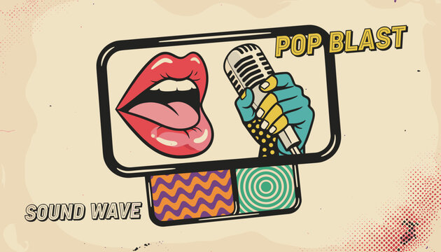 Vintage pop art poster titled pop blast features an open mouth singing into a classic microphone with patterns.