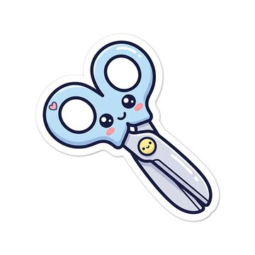 Cute Cartoon Scissors: A charming, kawaii-style illustration of a pair of light blue scissors with a happy face and rosy cheeks, perfect for adding a touch of whimsy to any project.