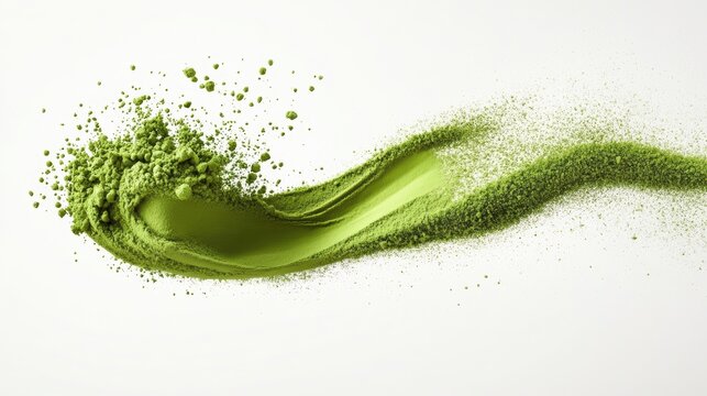 Matcha powder air isolated on white background,superfood powder,diet and healthy life,green tea powder,Japanese tea leaves,popular menu trendy, wellness concept.