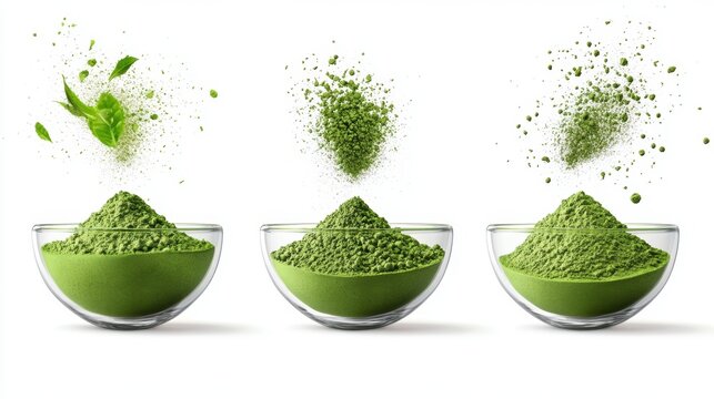 Matcha powder air isolated on white background,superfood powder,diet and healthy life,green tea powder,Japanese tea leaves,popular menu trendy, wellness concept.