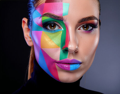 Kolorowy artystyczny makijaż geometryczny &ndash; kreatywny portret kobiety z abstrakcyjnym face painting.
