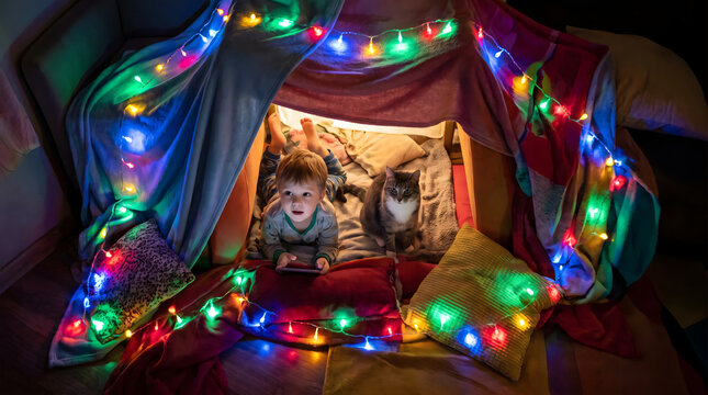 Child and cat reading together inside a cozy indoor tent illuminated by colorful string lights