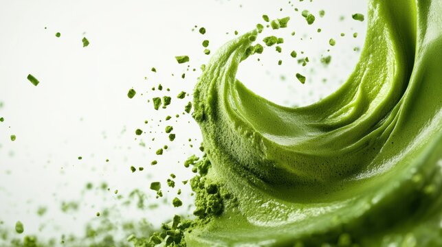 Matcha powder air isolated on white background,superfood powder,diet and healthy life,green tea powder,Japanese tea leaves,popular menu trendy, wellness concept.