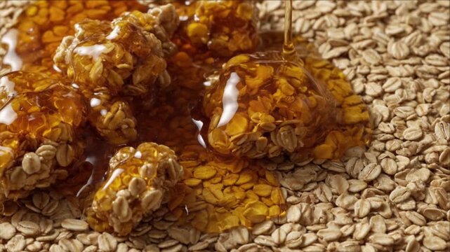 Cinematic macro liquid honey pouring over oat grain cereal texture background creating rich golden breakfast food detail closeup artful pattern design sweet natural sugar thick stream healthy snack