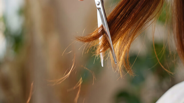 Scissors trimming brown long hair in a close-up action shot with flying strands