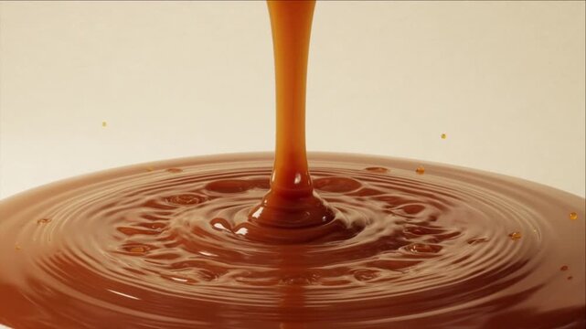 Cinematic macro liquid texture background caramel sauce splash surface swirl silky sweet dessert drip ripple wave smooth flow rich golden brown abstract food art glossy creamy sugar motion vortex