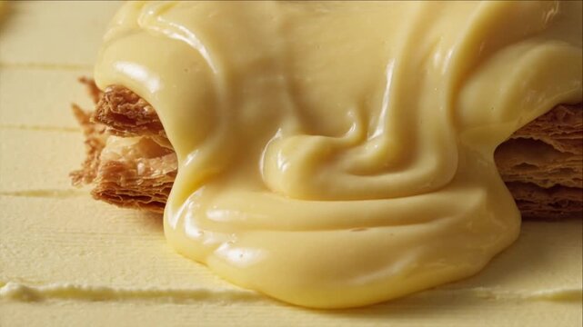 Cinematic macro dessert liquid texture background with creamy custard and cream flowing over crisp pastry layer rich yellow filling melting slowly smooth indulgent food surface with golden flake