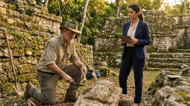 Archaeologists examining ancient stone ruins in tropical jungle.