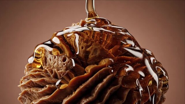 Cinematic macro liquid texture background honey pour over waffle swirl dessert closeup rich golden drip detail mouthwatering sweet snack indulgent mood drizzle over porous brown dessert sculpture