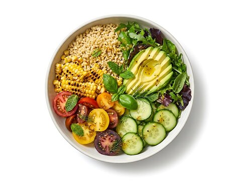 Fresh vegetable salad bowl with avocado and corn. grain bowl inspirations