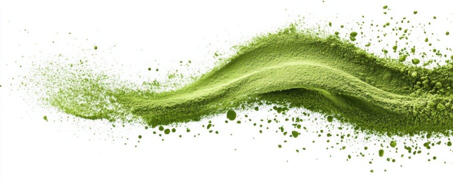 Matcha powder air isolated on white background,superfood powder,diet and healthy life,green tea powder,Japanese tea leaves,popular menu trendy, wellness concept.