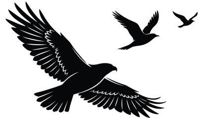 Obraz premium Majestic black eagles soaring through open air in artistic silhouette graphic vector style flat design