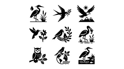 Fototapeta premium Square bird icons featuring herons, owls, and nests.