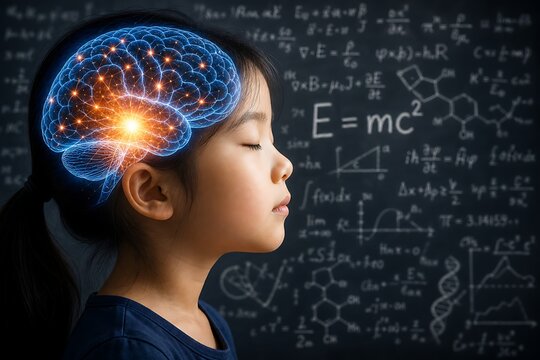 Young child with glowing brain on chalkboard with scientific equations and formulas