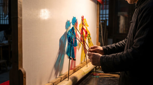 Traditional Chinese shadow puppet performer manipulating colorful leather puppets with bamboo rods during a live performance