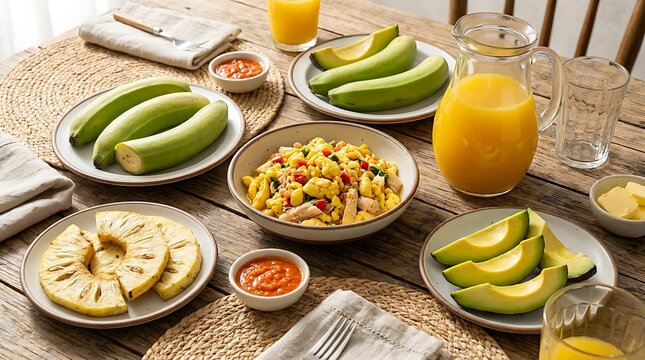 Healthy breakfast meal with fresh avocado and fruit on . table. Jamaican Cuisine