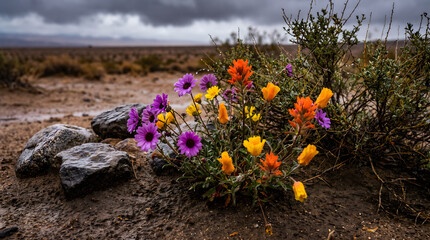 Obraz premium Colorful wildflowers blooming beside rocks in an arid desert landscape