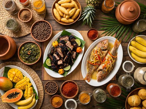 Top view of delicious traditional caribbean food platter. Jamaican Cuisine