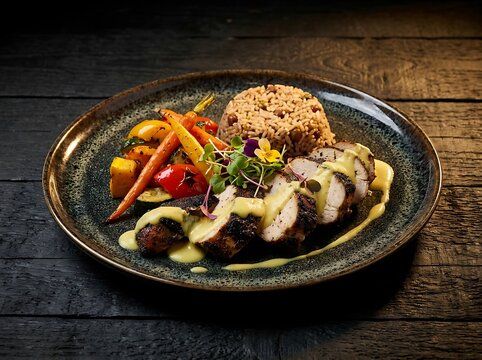 Roasted chicken with rice and vegetables on a plate. Jamaican Cuisine