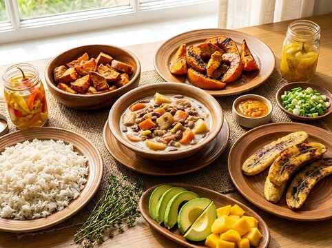 Healthy assorted tropical food spread on a wooden table. Jamaican Cuisine