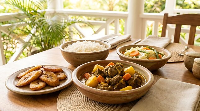 Traditional home cooked meal served on a sunny patio table. Jamaican Cuisine