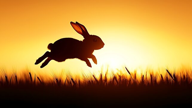 Silhouette of a rabbit jumping at sunset over tall grass