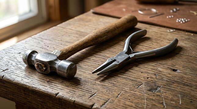 Ball peen hammer and jeweler pliers on a rustic wooden workbench