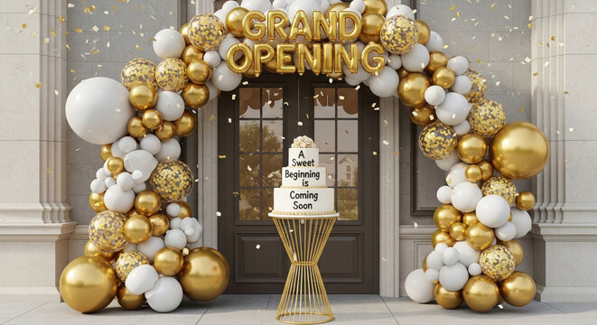 Grand Opening gold white balloon arch entrance with confetti and three tier cake A Sweet Beginning is Coming Soon corporate store launch ceremony festive luxury background banner poster 3D render