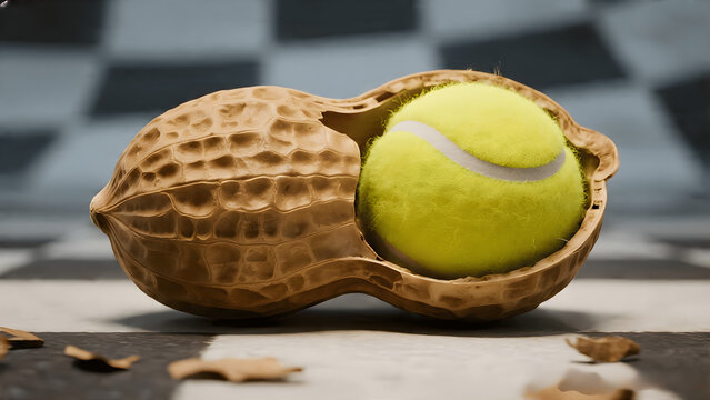 A yellow tennis ball rests inside an open peanut shell against a blurred black and white checkered background.