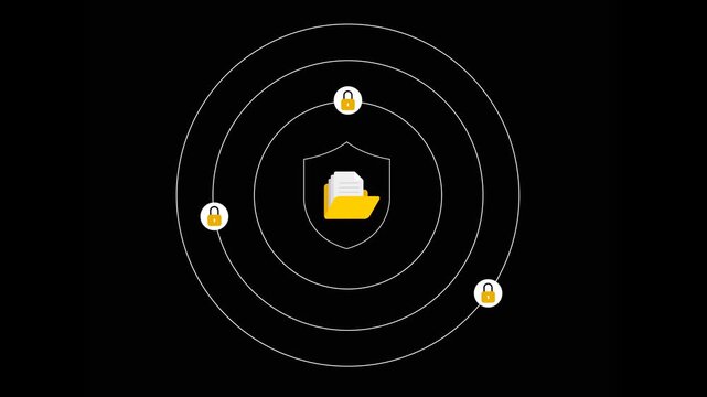 Lock icons spinning around the folder to make it secure, cyber security animation in 4k quality 