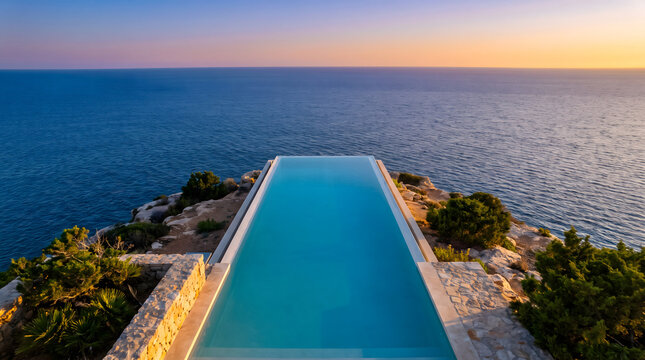 Infinity pool on cliff edge overlooking ocean at sunset with clear blue water and serene horizon
